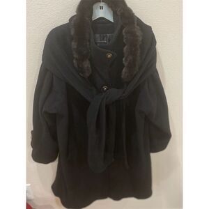 Women's Black Wool Blend Overcoat M Faux Fur Collar Winter Formal Coat